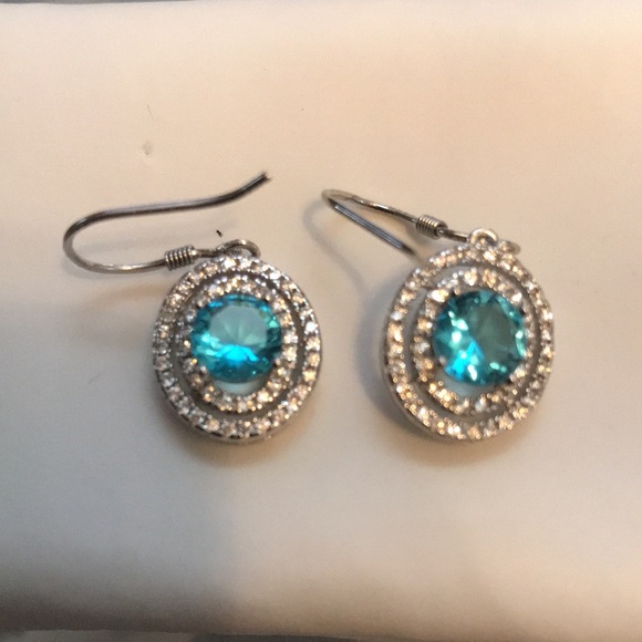 Aquamarine and white topaz 925 fish hook earrings - Picture 2 of 3